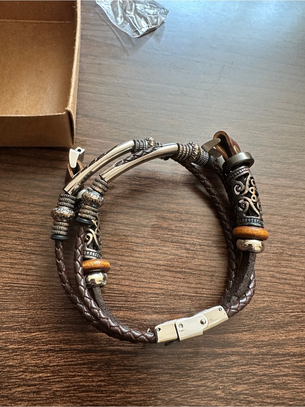 Braided Brown Leather Multi-Strand Bracelet with Metal Accents